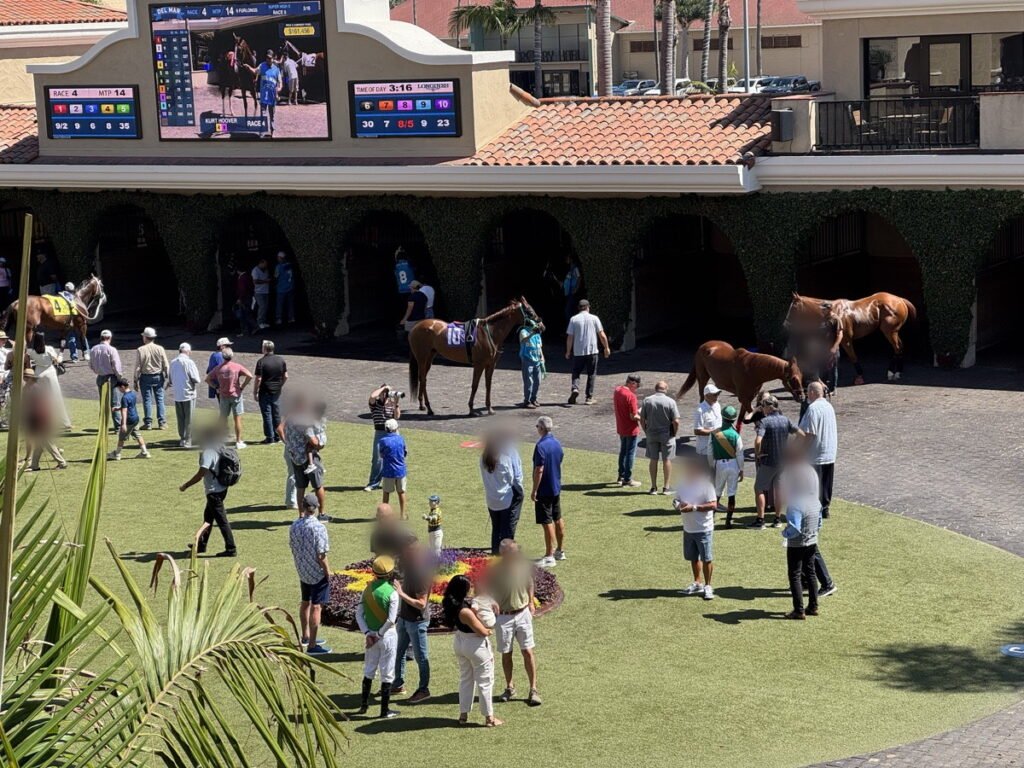 上から見た Del Mar のパドック。芝生の周回路を歩く数頭の競走馬と勝負服姿の騎手、それを取り囲んで眺める大勢の来場者。奥にスペイン風の厩舎と電光掲示板
