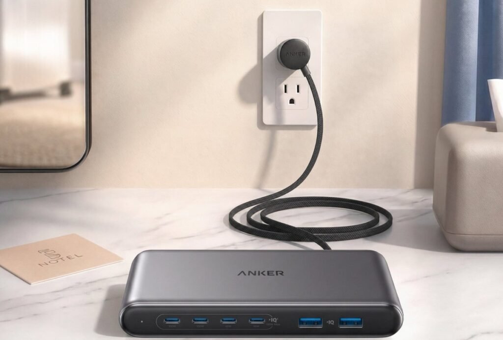 Anker公式サイトに掲載されている製品画像。Travel Charging Station（6-in-1 150W）をホテルの壁コンセントに接続した設置イメージ