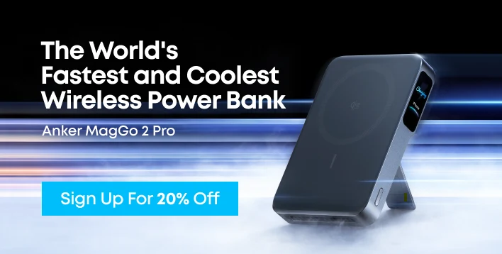 Anker MagGo 2 Pro の事前予約を告知する公式バナー。スタンドと小型スクリーンを備えたマグネット式モバイルバッテリー本体に、世界最速をうたう英文と20%オフになる事前登録の案内が添えられている