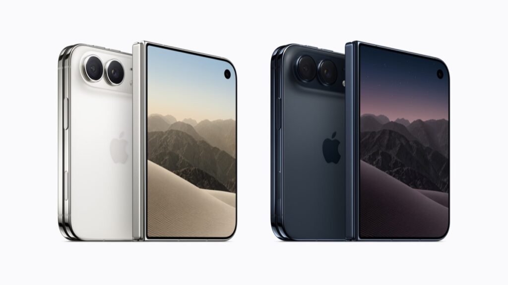 Apple公式Newsroomのプレス画像。iPhone Duoを開いた状態と閉じた状態で並べ、Star WhiteとMidnight Skyの2色を紹介したカット