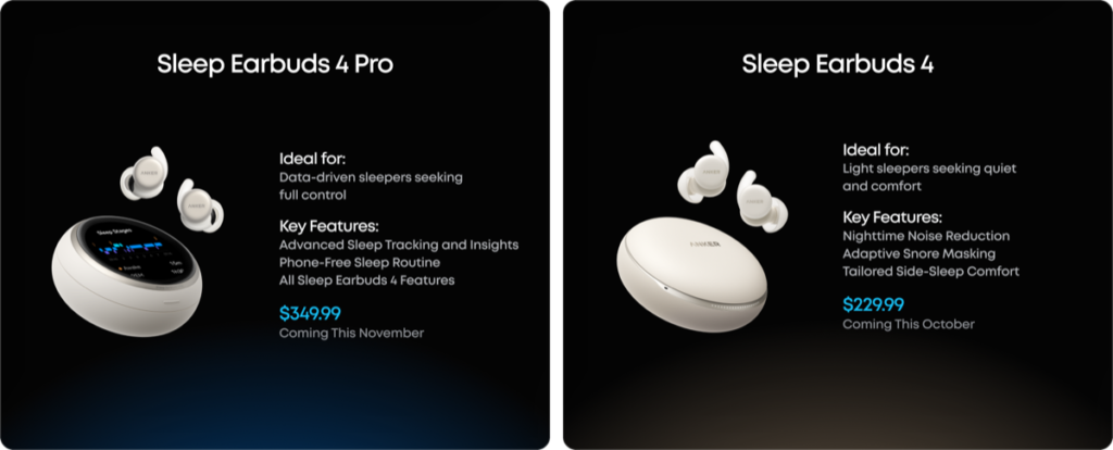 Soundcore Sleep Earbuds 4 Pro と無印 Sleep Earbuds 4 を並べ、価格と発売時期を記した比較スライドの公式資料画像