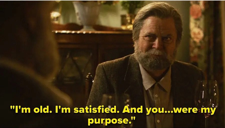 『THE LAST OF US』の場面写真、字幕で"I'm old. I'm satisfied. And you...were my purpose."と表示されている