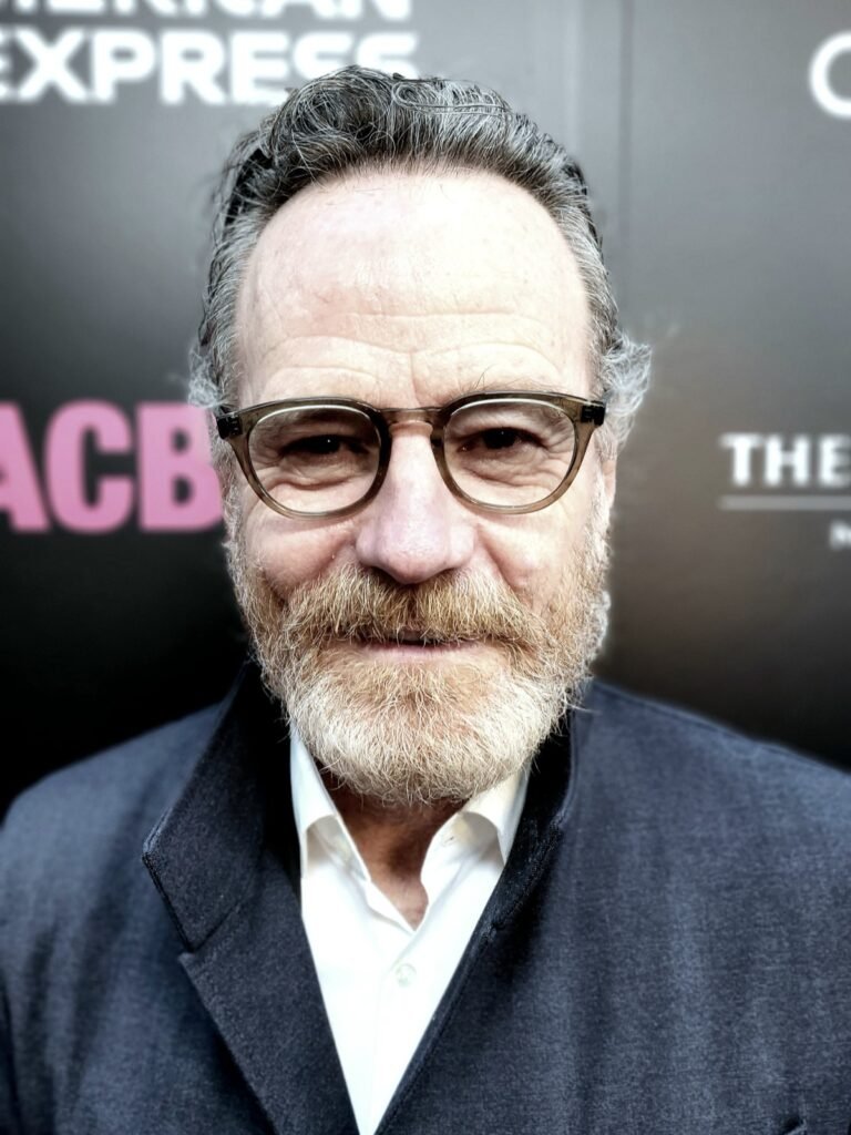 ブライアン・クランストンが2022年、ブロードウェイ『マクベス』開幕公演イベントに登場した際のクローズアップ。眼鏡とひげ姿で微笑んでいる