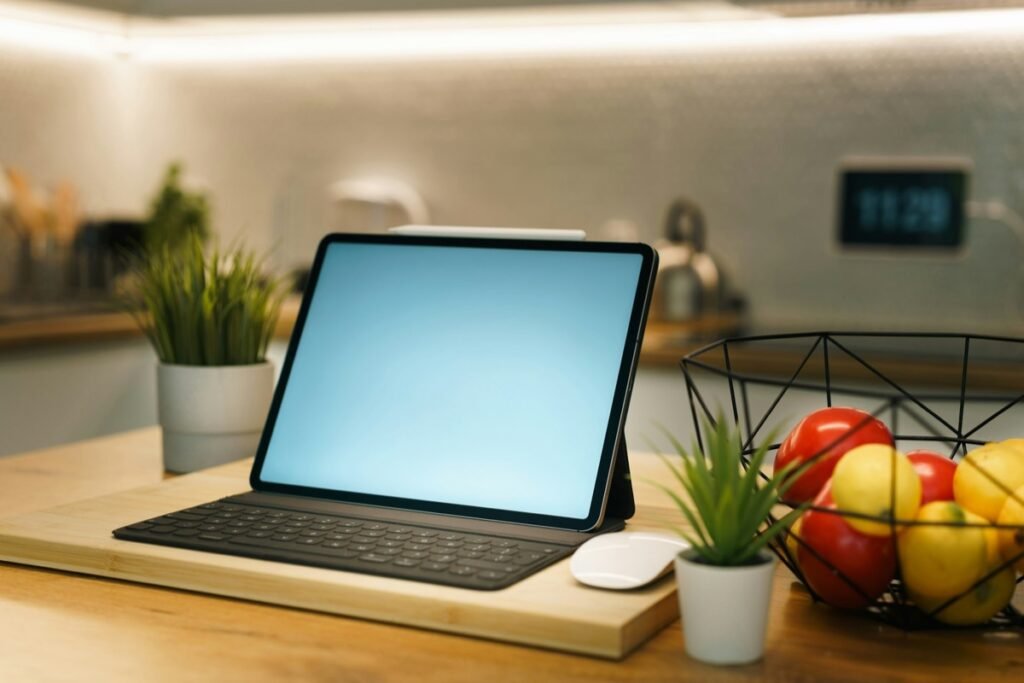 キッチンのカウンターで、観葉植物や果物かごの横に置かれたキーボード付きタブレットのイメージ写真(Apple HomeViewの実物ではない)